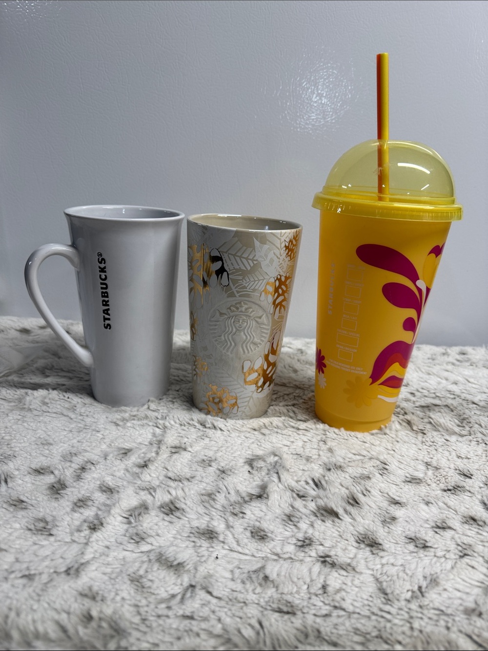 Starbucks White Ceramic Mugs with Gold Floral Embossed Logo and cup